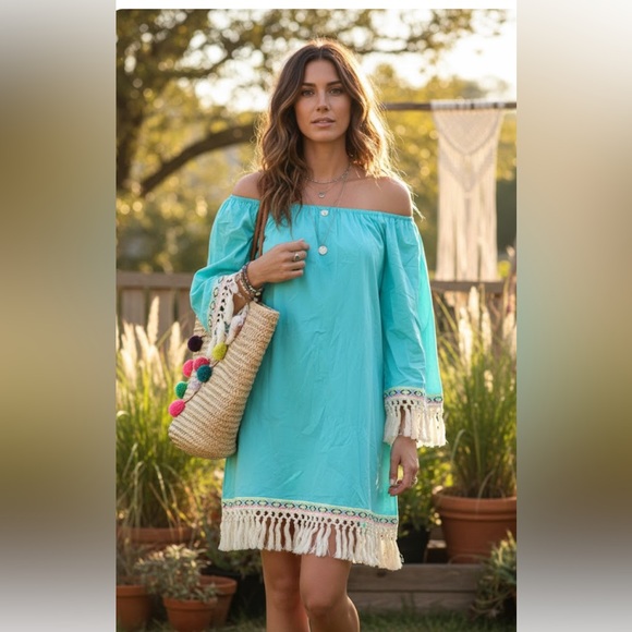 Velzera Dresses & Skirts - VELZERA Turquoise Off-Shoulder Dress/Cover up with Fringe size large
